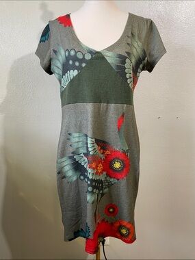 Bird Floral Artwear Statement Whimsical Dress Green Red XL Stretch Knit Smash